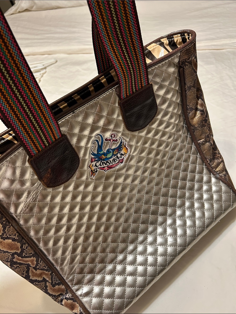 Consuela Quilted Silver Tote with Multicolor Straps